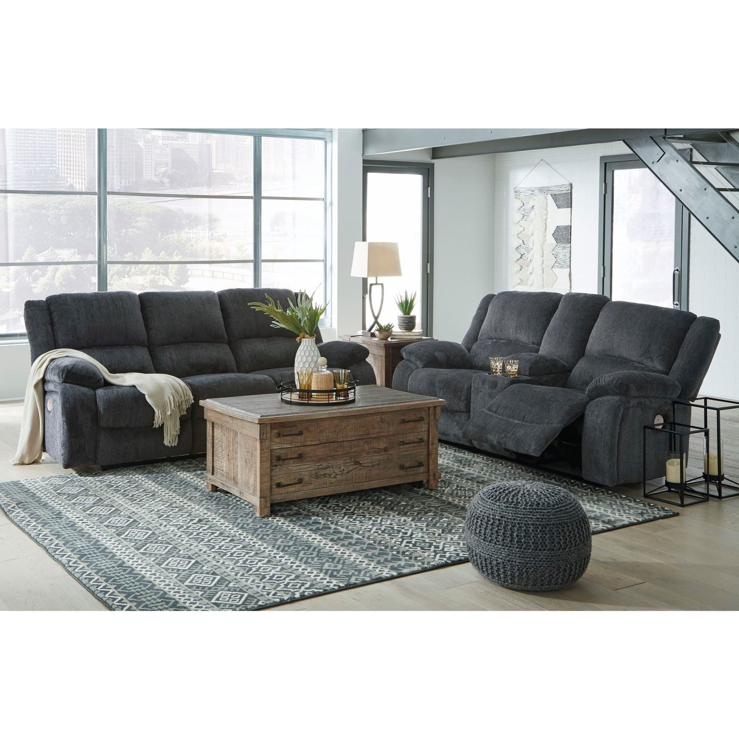 Draycoll Power Reclining Loveseat with Console - Slate